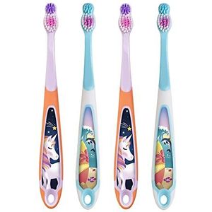 Jordan® | Step 3 kindertandenborstel | tandenborstel voor kinderen van 6 tot 9 jaar | zachte borstelharen, ergonomische en BPA-vrije dubbele handgreep | kleur roze en blauw | 4 stuks