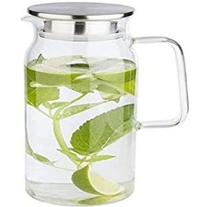 APS Glazen karaf voor water en limonade, glazen container (Ø x H): 10 x 26 cm met roestvrijstalen deksel en dubbele functie, schenktuit met geïntegreerde zeef, 1,5 liter