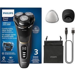 Philips Electric Shaver Series 3000 - rasoir électrique Wet & Dry pour hommes avec technologie SkinProtect, couleur Noir, tondeuse rétractable, socle de recharge, housse de voyage (modèle S3342/13)