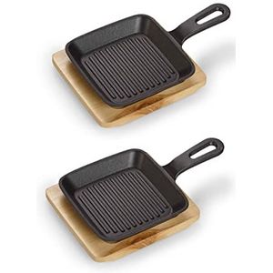 ECHTWERK Gietijzeren pan serveerpan vierkant met dienblad, grillband, reeds gebakken, geschikt voor oven, grill, inductie, ideaal voor het serveren, 2 stuks