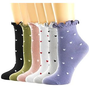 Mcool Mary Ruffle Ankle Comfort Cool Thin Cotton Knit Low Cut Hearts 6 paar damessokken, leuke sokken, 6 kleuren (zwart, paars, groen, roze, grijs en wit)