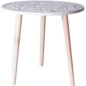 Lastdeco Decoratieve bijzettafel, ronde houten tafel voor woonkamer, eetkamer, gesneden mozaïekoppervlak, salontafel, Scandinavische stijl, kleur wit en natuur, 44 x 44 x 45 cm