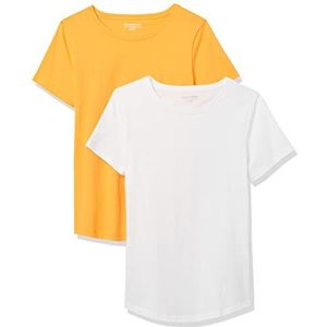 Amazon Essentials Dames T-shirt van 100% katoen in klassieke pasvorm met korte mouwen en ronde hals (verkrijgbaar in grote maten), wit/goudgeel, maat S