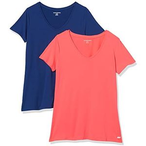 Amazon Essentials Dames Tech Stretch T-shirts met korte mouwen en V-hals (verkrijgbaar in grote maten), koraaloranje/marineblauw, maat XS