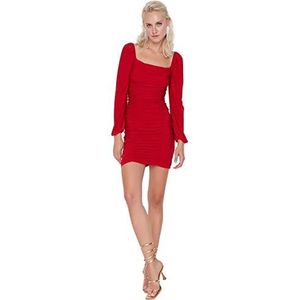 Trendyol Woman Mini Bodycon Square Collar Woven Dress damesjurk, rood, 38, Rood