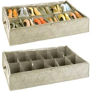 Avilia Schoenenetui met 12 vakken, schoenendoos onder bed, van polypropyleen, 74 x 15 x 60 cm, taupe