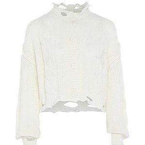 gaya Cardigan en tricot à une boutonnage pour femme avec déchirures irrégulières et bords ouverts Blanc laine Taille XS/S, Blanc cassé, XS