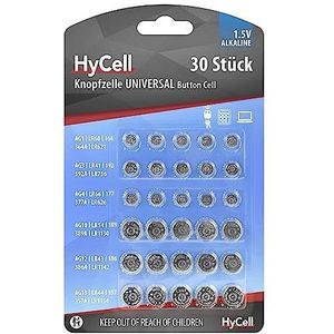 HyCell Voordeelset van 30 alkaline knoopcelbatterijen / 5 x voor elk type R621, LR736, LR626, LR1130, 386A. LR1154. Ideaal voor autosleutels, TAN-apparaten, speelgoed, horloges enz.