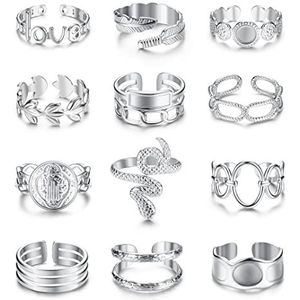 FIOROYAL 12-delige damesring, roestvrij staal, verguld, boho, minimalistische ring, stapelbaar, open, slang, verstelbaar, goud, zilver, damesring, Roestvrij staal