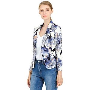 Allegra K Damesblazer met bloemenpatroon, met contrasterende voering, wit/blauw bloemenpatroon