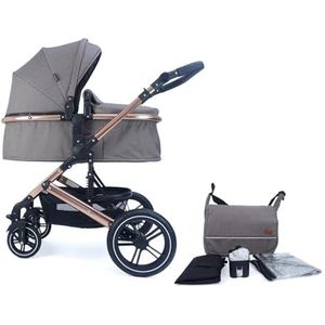 Pixini Neyla Combi-kinderwagen met stoffen schaal, buggy, luiertas, bekerhouder, regenzeil, muggennet, aankleedkussen (goud/bruin)