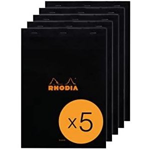 RHODIA 180009C – notitieblok, nr. 18, zwart, A4-80 vel, afneembaar, wit papier, 80 g/m², omslag van gecoate kaart, 5 blokken