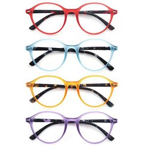 MODFANS Een verpakking met 4 leesbrillen voor dames, vergrootglas rond montuur, veertakken, licht comfort zicht, roodblauw-paars-geel