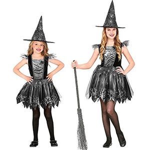 Widmann - 2-delig heksenkostuum voor kinderen, jurk en hoed, zwart en zilver, spinnennet, sprookjes, kostuum, themafeest, carnaval, Halloween, meerkleurig, 97365 116 cm/4-5 jaar