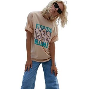 Trendyol T-shirt en tricot à col rond standard pour femme, beige, XS