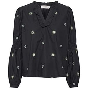 Cream Dames blouse Embroidery V-hals Frill Details Dames Pitch Black, 38, Zwart