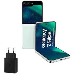 Samsung Galaxy Z Flip5, 256 GB + 45 W oplader, opvouwbare mobiele telefoon met AI, gratis Android-smartphone, 8 GB RAM, opvouwbaar design, lichtgroen (Spaanse versie)