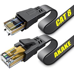 Akake Cat 8 Ethernet-kabel, 15 m, 26 AWG, 2000 MHz, 40 Gbps, verguld, RJ45-stekker, afgeschermd, voor binnen en buiten, zwart