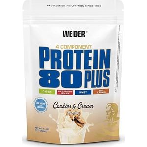 WEIDER Protein 80 Plus meercomponentenproteïne, koekjes & room, eiwitpoeder voor romige, schandaalachtige en smakelijke eiwitshakes, combinatie van wei, caseïne, melkproteïne-isolaat en ei, vet- en suikerarm