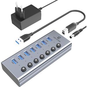 SUTOUG Compacte USB-splitter met 7 poorten, USB 3.0 hub 5 Gpbps, USB-adapter compatibel met Mac OS X 10.2, Windows 10/8/7/Vista/XP, Linux (met DC-adapter en 100 cm USB-verlenging)