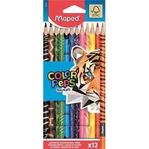 Maped - Kleurpotloden Color'Peps Animals FSC - Ergonomische driehoekige kleurstift - Dierlijke versierde potloden - Zak met 12 houten potloden FSC-gecertificeerd