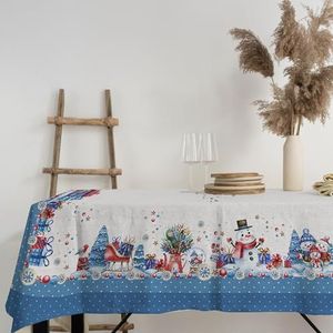 PENSIERI DELICATI, Tafelkleed 145 x 250 cm, 100% katoen Panama voor 12 personen, digitale print in hoge resolutie, fantasie sneeuwpop, blauw, rechthoekig tafelkleed