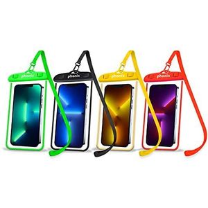 IPX8 waterdichte smartphonehoes [4 stuks] - duikhoes voor iPhone 13,12,11 Pro, Max, Mini en voor smartphones tot 6,8 inch - Phonix Italië strandaccessoires (zwart-rood-geel-groen)