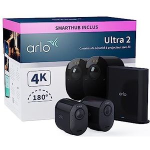 Arlo Ultra 2 Spotlight Pack 2 WiFi-station Bewakingscamera's, draadloos, 4K HDR-video, nachtzicht, tweerichtingsaudio, 6 maanden batterij, 180° gezichtsveld, 90 dagen inbegrepen Arlo Secure