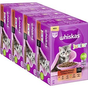 Whiskas Set van 4 zakjes junior natvoer - klassieke selectie in saus - 12 x 85 g - hoogwaardig natvoer voor groeiende katten van 2 tot 12 maanden