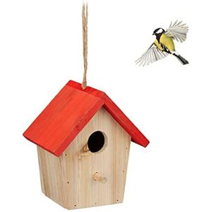 Relaxdays Decoratief houten vogelhuisje om op te hangen, 16 x 15 x 11 cm (h x b x d), vogelvilla, tuin, balkon, natuur/rood
