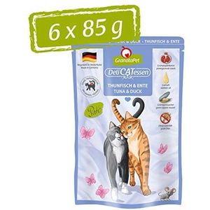 GranataPet DeliCatessen tonijn & eend, natte voer voor je kat, voedsel voor katten zonder granen en zonder toegevoegde suikers, lekker en gezond voer voor gourmets, 6 x 85 g blikken