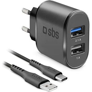 SBS wandlader set 2 x USB 2 100 mAh snel opladen met type C-kabel zwart