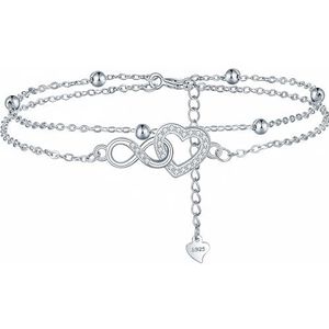 Lydreewam Armband voor dames, hart, oneindigheid, 925 sterling zilver, dubbele vriendschap, armband met zirkonia, cadeau voor verjaardag, Moederdag, verstelbaar, 17 + 4 cm, sterling zilver kubiek,