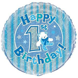 Unique Party 55481 verjaardagsballon, holografisch, 1e verjaardag, 45 cm, blauw