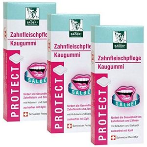 BADERs uit de apotheek. PROTECT Zahnfleischpflege kauwgom. Met kruiden, salie-olie en xylitol. Voordeelpakket 3 x 20 stuks.