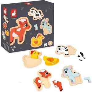 Janod - 4 houten puzzels van 2 tot 5 stukjes - Boerderijdieren puzzels - Speelgoed voor kinderen - Educatieve spelletjes - Ontwaken speelgoed - Vanaf 18 maanden, J07114