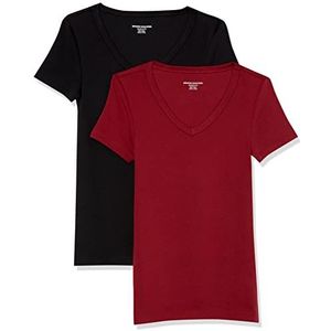 Amazon Essentials Set van 2 T-shirts met korte mouwen en V-hals voor dames, slim fit, zwart/wijnrood, maat L