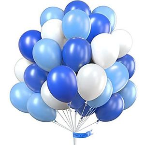 PuTwo PartyWoo 100 stuks 30,5 cm blauw koningsblauw wit ballonnen voor babyshower, 1e verjaardag jongens, rubber, latex