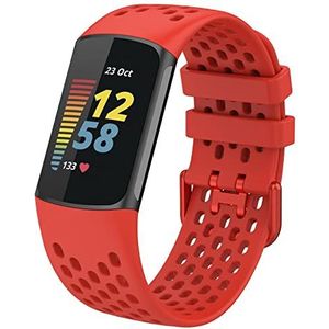 Vervangbandje van het merk FunBand, compatibel met Fitbit Charge 5 Activity Tracker, zacht silicone, ademend, waterdicht, polsbandje voor tijdens sporten, verstelbaar, voor dames en heren, rood.