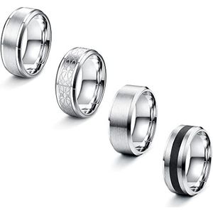 LOLIAS Set van 4 roestvrijstalen ringen voor heren, zilver, mat, gepolijst, voor flesopener, verlovingsringen, verlovingsring, vintage ring voor heren en dames, maat 54-70