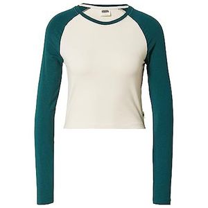 Urban Classics Dames Organic Cropped Retro Baseball Longsleeve Dames T-shirt met lange mouwen wit/groen, Whitesand/Jasper