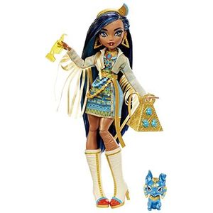 Monster High Cleo de Nile pop met accessoires en huisdier, modieuze beweegbare pop, haar met blauwe strengen, speelgoed voor kinderen, vanaf 3 jaar, HHK54