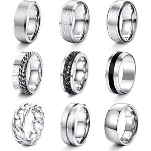 CASSIECA Set van 9 zilveren ringen voor mannen - Fidget Spinner anti-angst - Zwarte zilveren ringen - Verlovingsring - Verjaardagscadeau - Kerstcadeau voor mannen - Maat 52-70, Roestvrij staal