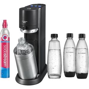 SodaStream E-Duo Elektrische bruiswatermachine met CO2-cilinder, glazen fles en 2 plastic flessen van 1 liter, vaatwasmachinebestendig, hoogte 44 cm, kleur: titanium