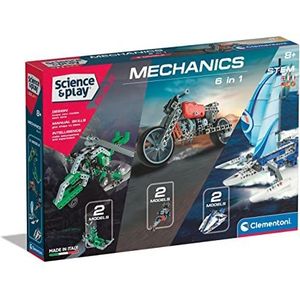Clementoni - Science & Play Build-Mechanics 6-in-1 bouwset voor kinderen, 6 modellen om te bouwen, motorfietsen, helikopters en boten, 8 jaar wetenschapsspel, exclusief Amazon