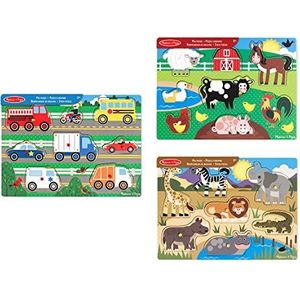 Melissa & Doug 45000 3 Houten puzzels, boerderijdieren, safari en voertuigen, meerkleurig