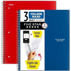 Five Star Lot de 2 carnets à spirale avec application d'étude, 3 sujets, papier ligné pour université, 28 x 21,6 cm, 150 feuilles, bleu et rouge (38502)