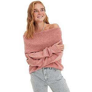 Trendyol Basic gebreide trui voor dames, carmenkraag, regular fit, gedroogd roze, M, Oude Roos