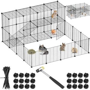 BAKAJI Aanpasbaar klein dierenhek van metaal, modulaire omheining voor cavia's, hamsters, konijnen, chinchilla, voor binnen en buiten, 143 x 71 x 46 cm, 2 etages