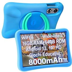Oukitel OT6 tablet voor kinderen, 16 GB RAM + 64 GB ROM, Android 13, 10 inch HD, 8000 mAh, ouderlijk toezicht, BT5.0, educatieve spellen, blauw